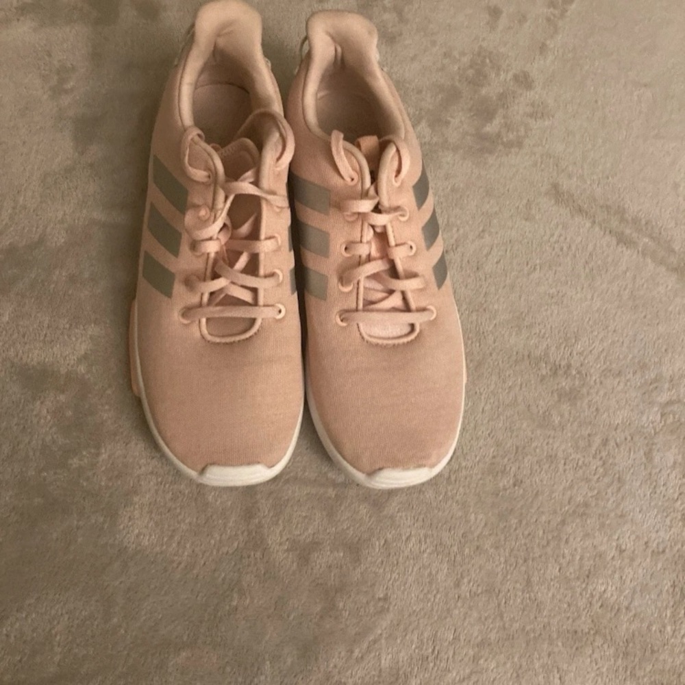 Adidas Women's Soft Pink Sneakers with Gray Stripes